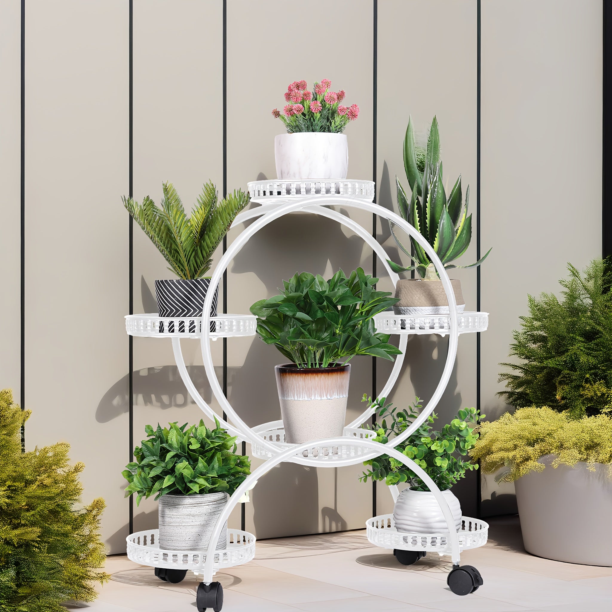 6 Potted Metal Plant Stand Garden Cart Wrought Iron Flower Pots Rack Holder Display Shelf with Wheels for Patio Porch Balcony Decoration Furniture for Home Free Shipping