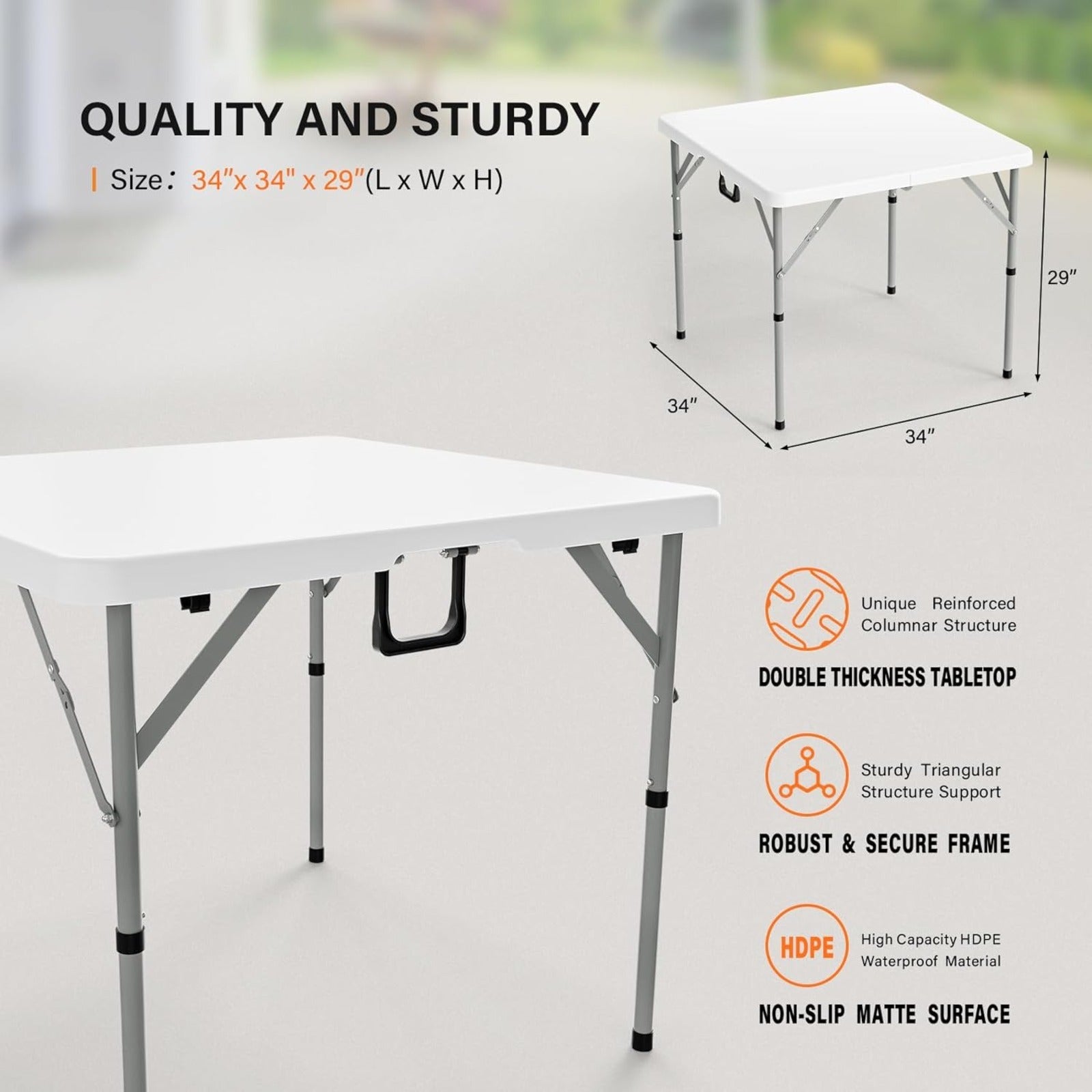 Bonnlo 34 Inch Folding Square Table Fold in Half Bi-Folding Commercial Plastic Dining Card Table Portable for Kitchen Outdoor Party Wedding Event Patio Garden Camping Picnic White\u002FBlack Foldable Dining Tables