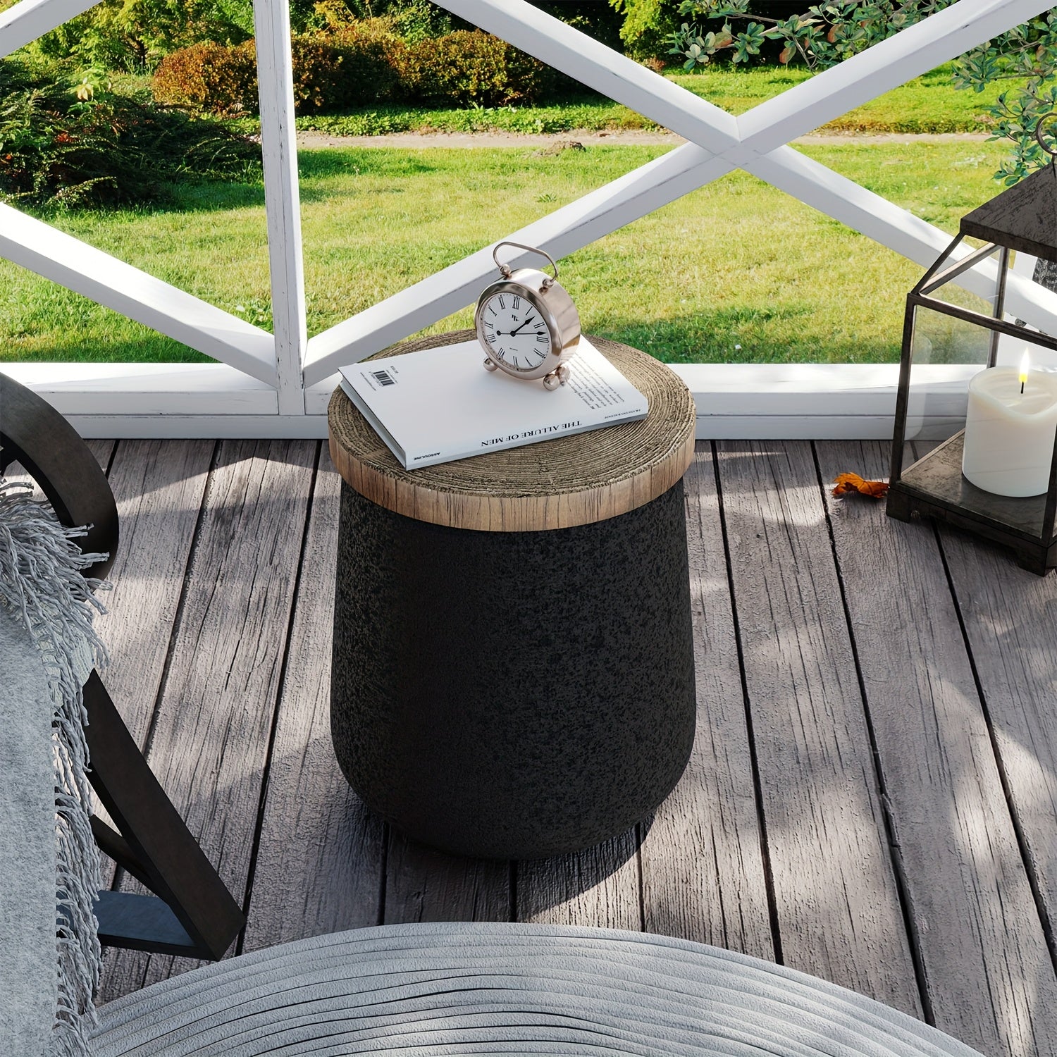 2pcs\u002F1pc Concrete Outdoor Side Tables with Wood Grain Texture Top - Round Cylinder Plant Stand, Living Room End Table, Patio Coffee Table for Garden, Porch, Balcony, Space-Saving & Stable, Best Choice for Patio Decor