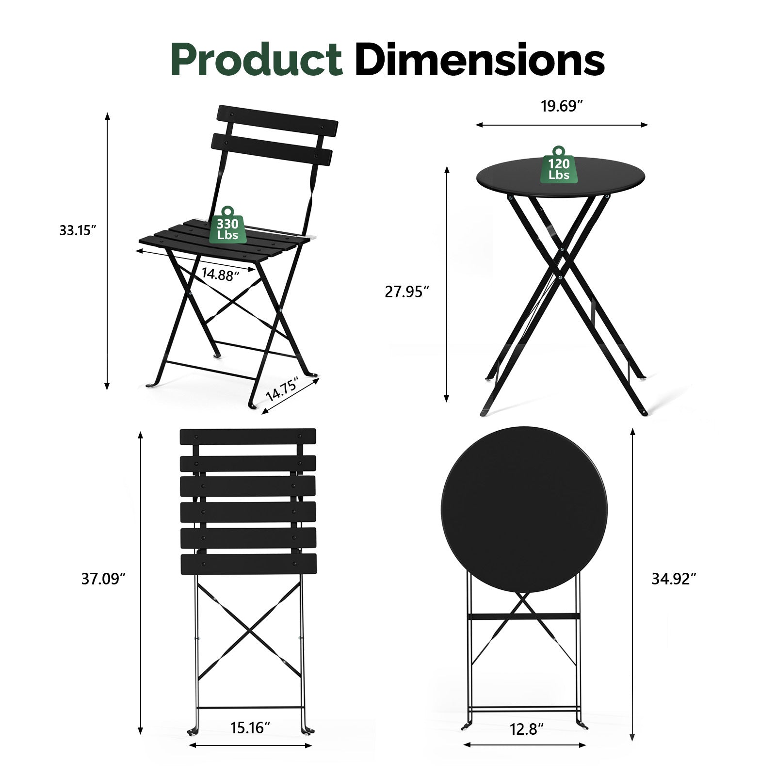 3-Piece Folding Bistro Set, Space-Saving Outdoor Patio Table and Chairs, Weather-Resistant Steel Furniture Set for Balcony Porch Garden, Black\u002FYellow\u002FGreen