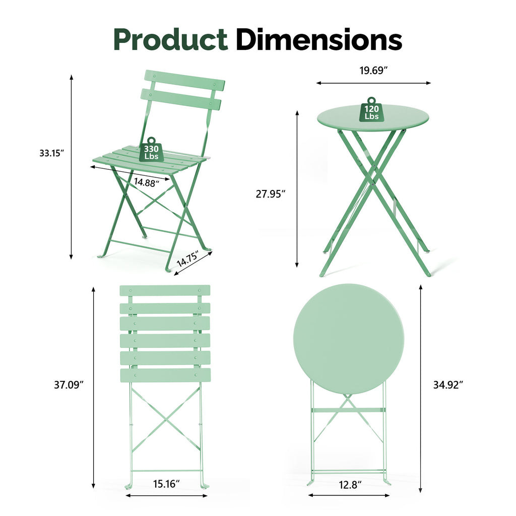 3-Piece Folding Bistro Set, Space-Saving Outdoor Patio Table and Chairs, Weather-Resistant Steel Furniture Set for Balcony Porch Garden, Black\u002FYellow\u002FGreen