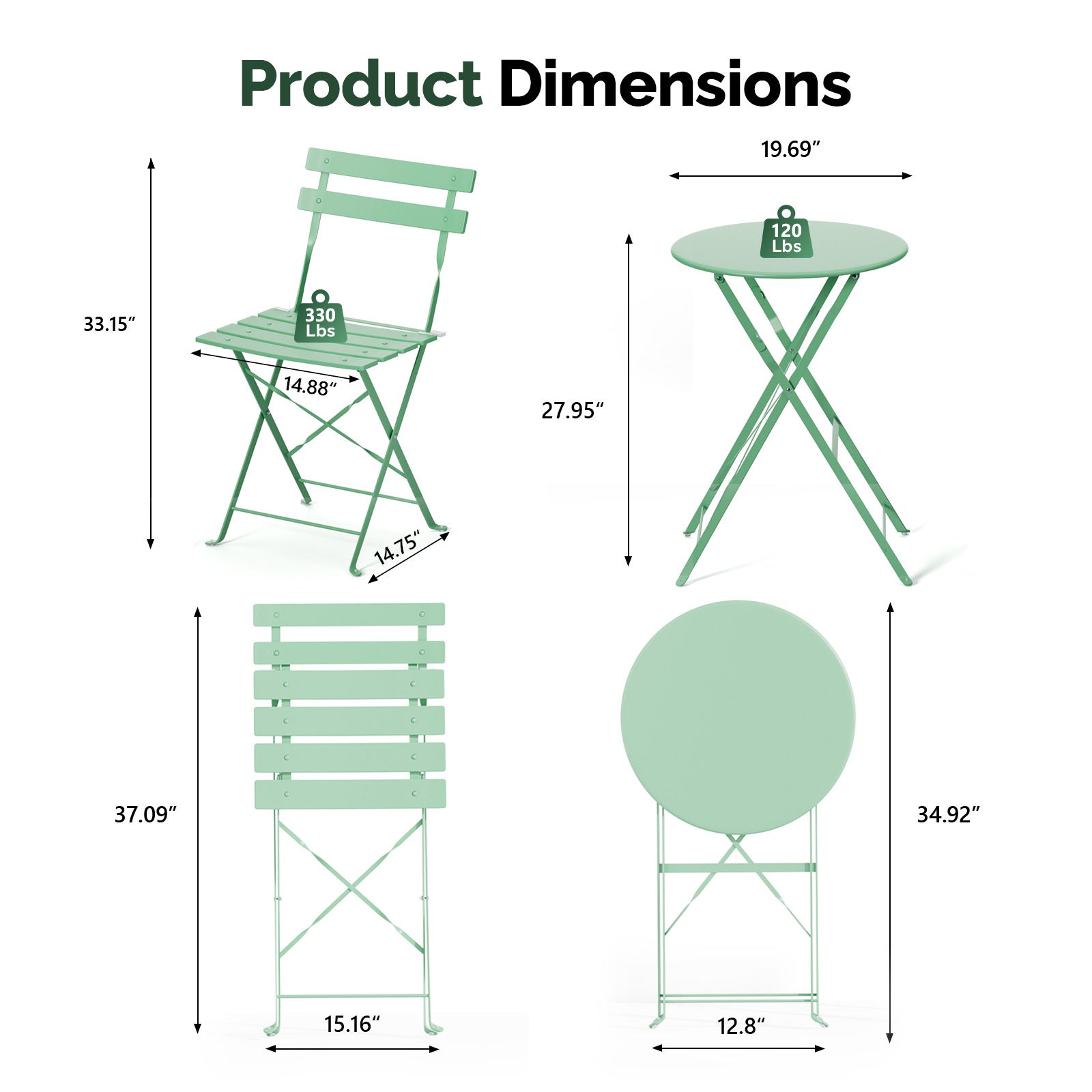 3-Piece Folding Bistro Set, Space-Saving Outdoor Patio Table and Chairs, Weather-Resistant Steel Furniture Set for Balcony Porch Garden, Black\u002FYellow\u002FGreen