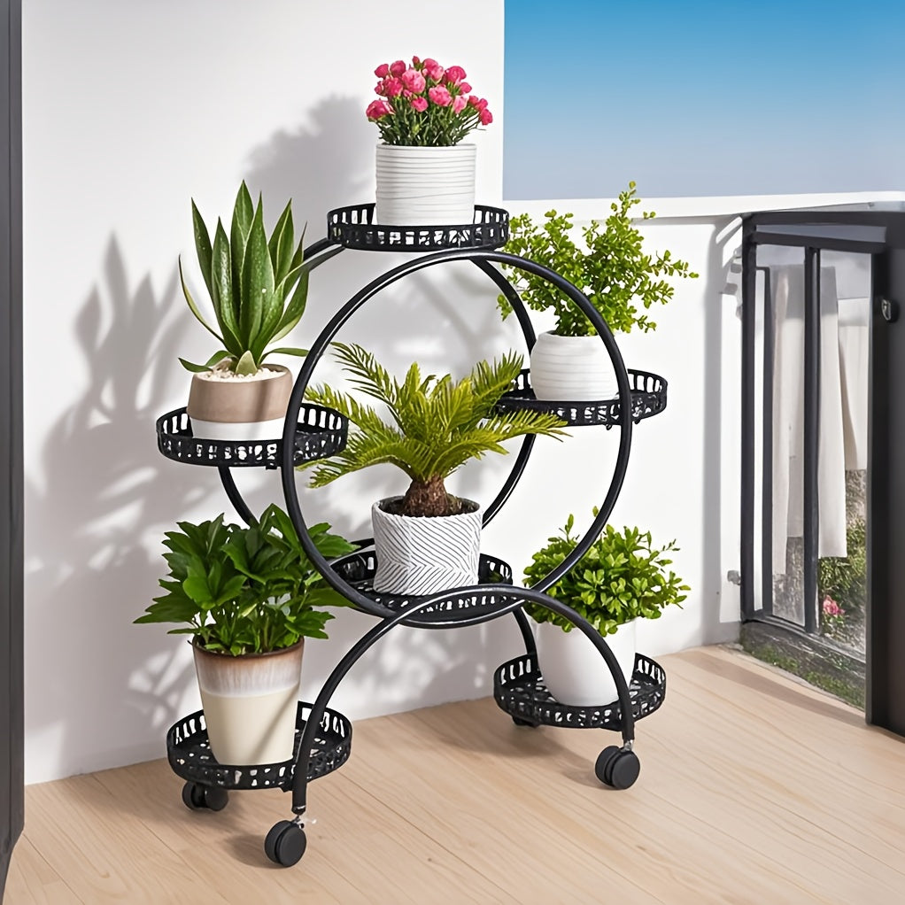 6 Potted Metal Plant Stand Garden Cart Wrought Iron Flower Pots Rack Holder Display Shelf with Wheels for Patio Porch Balcony Decoration Furniture for Home Free Shipping