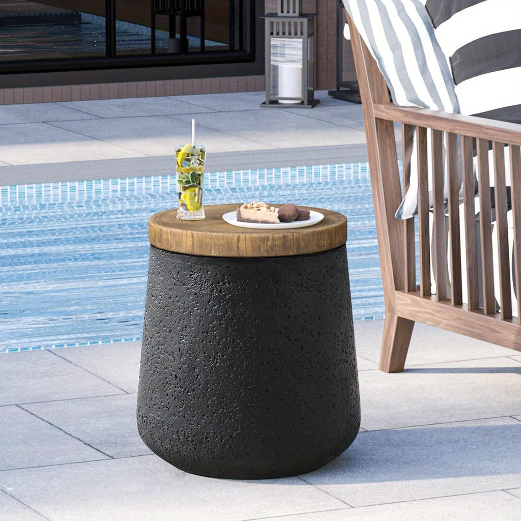 2pcs\u002F1pc Concrete Outdoor Side Tables with Wood Grain Texture Top - Round Cylinder Plant Stand, Living Room End Table, Patio Coffee Table for Garden, Porch, Balcony, Space-Saving & Stable, Best Choice for Patio Decor