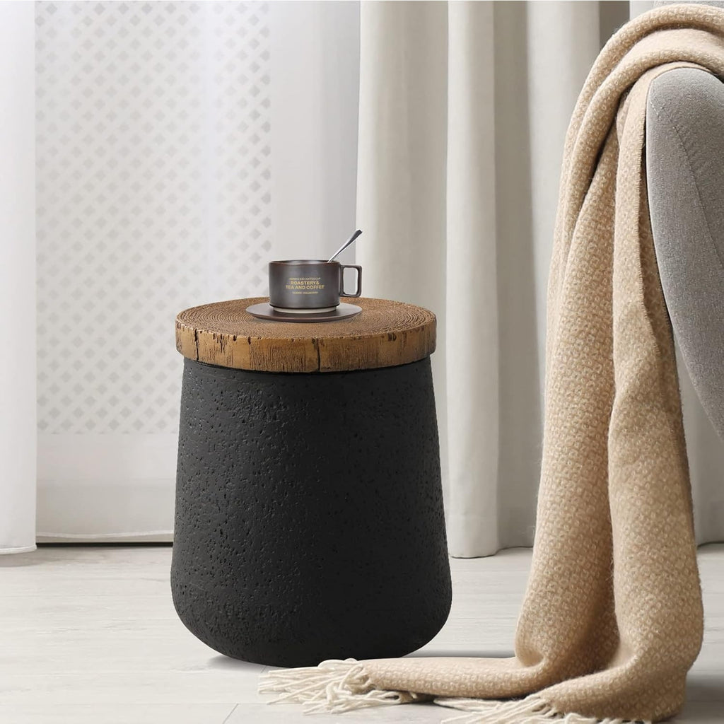 2pcs\u002F1pc Concrete Outdoor Side Tables with Wood Grain Texture Top - Round Cylinder Plant Stand, Living Room End Table, Patio Coffee Table for Garden, Porch, Balcony, Space-Saving & Stable, Best Choice for Patio Decor