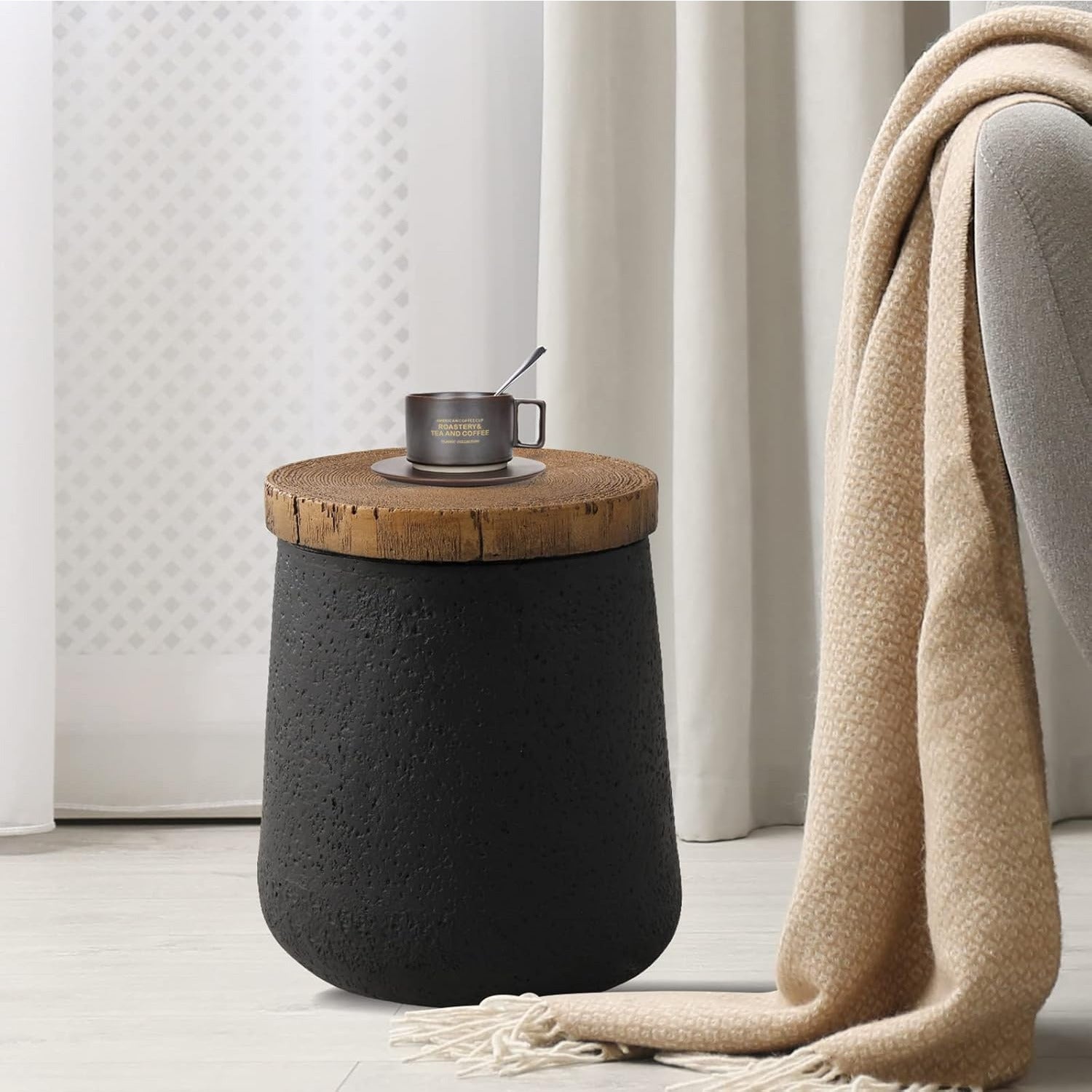 2pcs\u002F1pc Concrete Outdoor Side Tables with Wood Grain Texture Top - Round Cylinder Plant Stand, Living Room End Table, Patio Coffee Table for Garden, Porch, Balcony, Space-Saving & Stable, Best Choice for Patio Decor