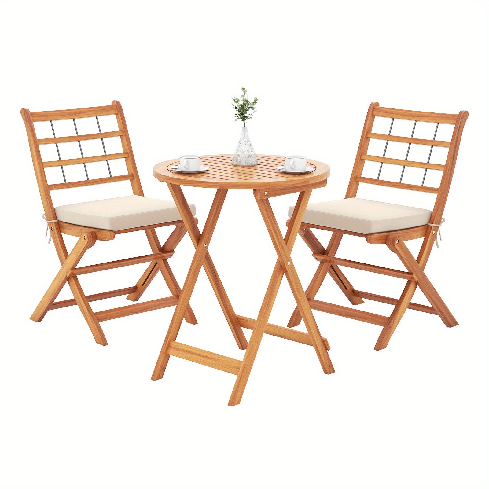 Multigot 3 Piece Patio Wood Bistro Set, Folding Table Chair Set w\u002F Soft Seat Cushions, Sturdy Acacia Wood Frame, High-Back Portable Chairs w\u002F Table for Backyard, Poolside, Porch
