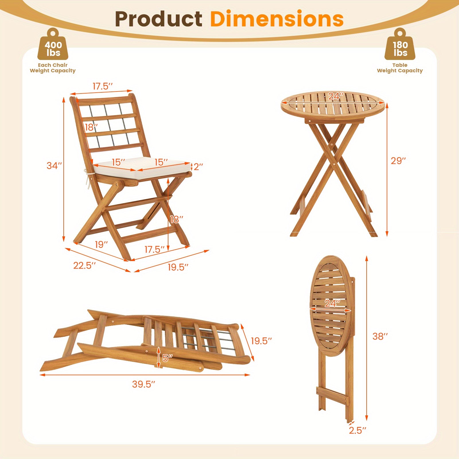 Multigot 3 Piece Patio Wood Bistro Set, Folding Table Chair Set w\u002F Soft Seat Cushions, Sturdy Acacia Wood Frame, High-Back Portable Chairs w\u002F Table for Backyard, Poolside, Porch