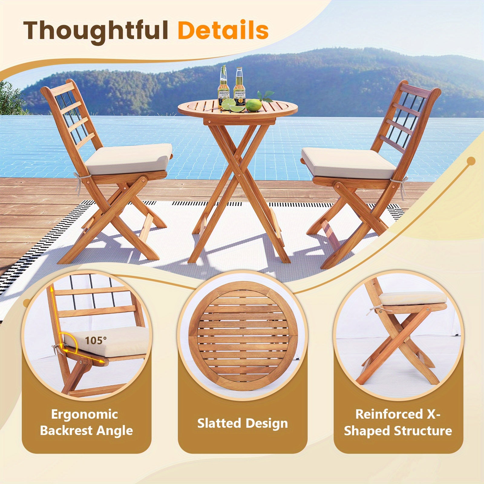Multigot 3 Piece Patio Wood Bistro Set, Folding Table Chair Set w\u002F Soft Seat Cushions, Sturdy Acacia Wood Frame, High-Back Portable Chairs w\u002F Table for Backyard, Poolside, Porch