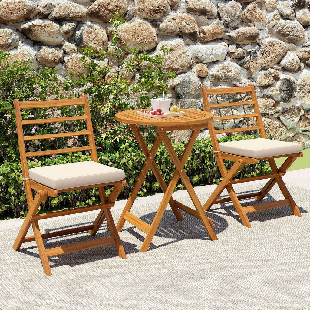 Multigot 3 Piece Patio Wood Bistro Set, Folding Table Chair Set w\u002F Soft Seat Cushions, Sturdy Acacia Wood Frame, High-Back Portable Chairs w\u002F Table for Backyard, Poolside, Porch