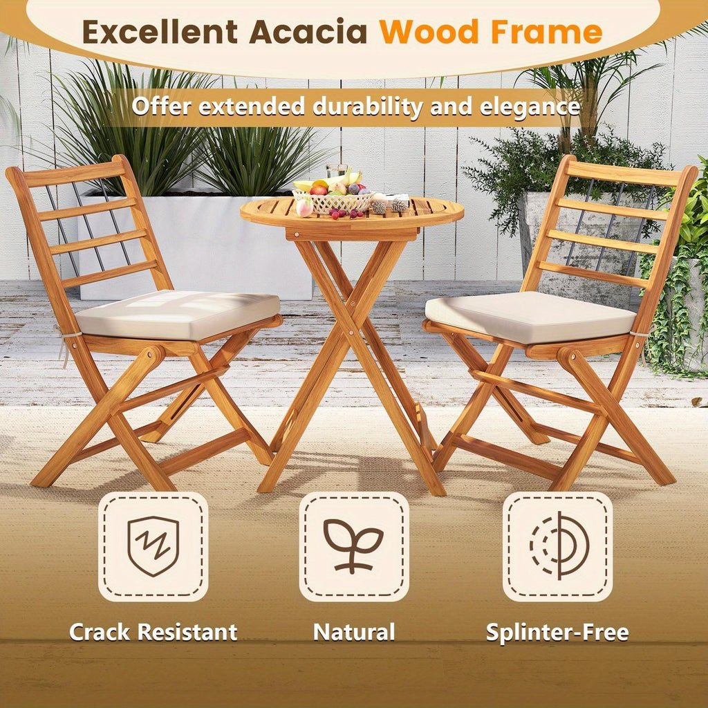 Multigot 3 Piece Patio Wood Bistro Set, Folding Table Chair Set w\u002F Soft Seat Cushions, Sturdy Acacia Wood Frame, High-Back Portable Chairs w\u002F Table for Backyard, Poolside, Porch