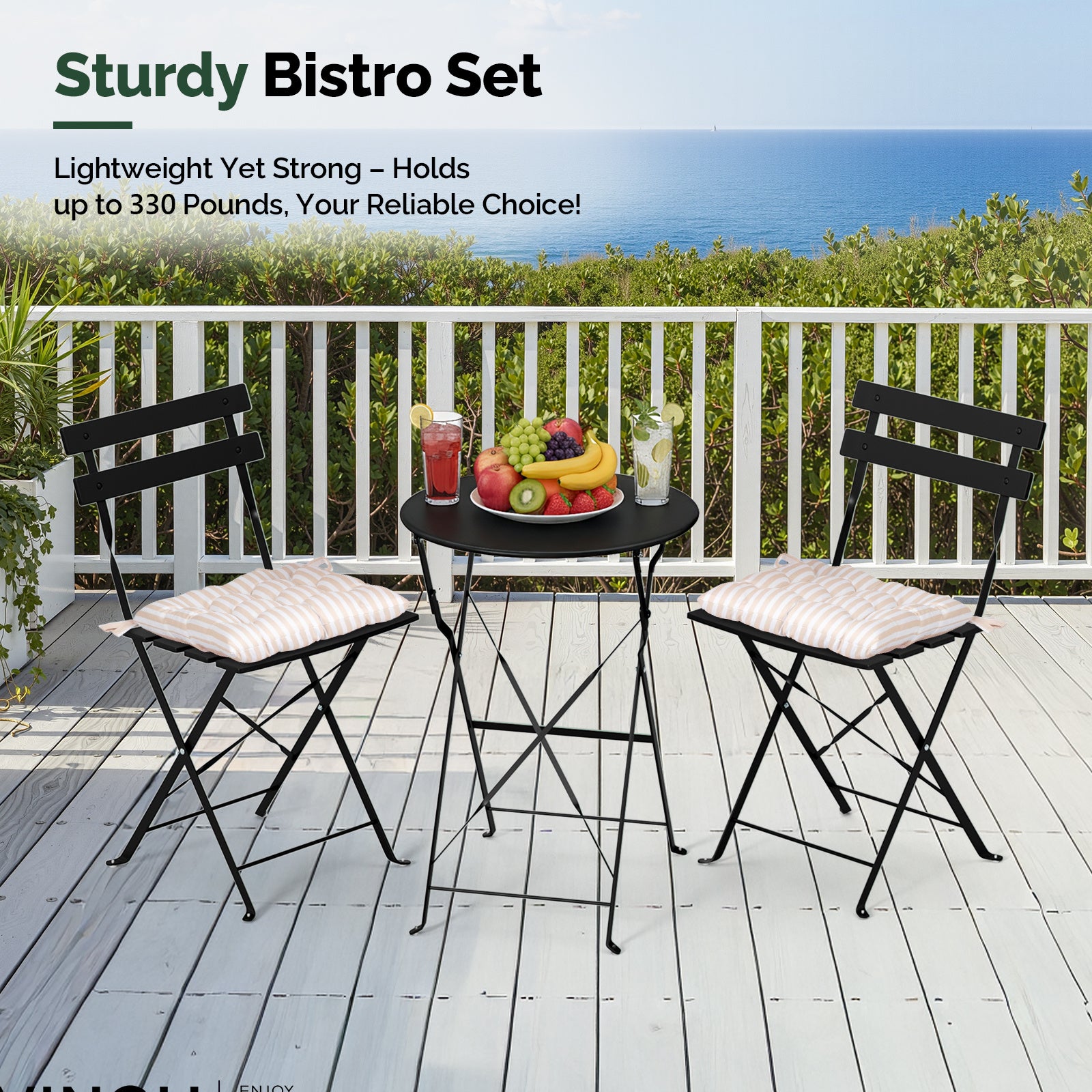 3-Piece Folding Bistro Set, Space-Saving Outdoor Patio Table and Chairs, Weather-Resistant Steel Furniture Set for Balcony Porch Garden, Black\u002FYellow\u002FGreen