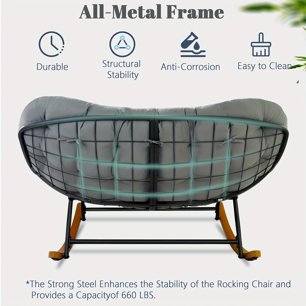 Outdoor Rocking Chair for Two, Featuring an Oversized Papasan Design with a Durable E-Coated Steel Frame And Plush Cushioning