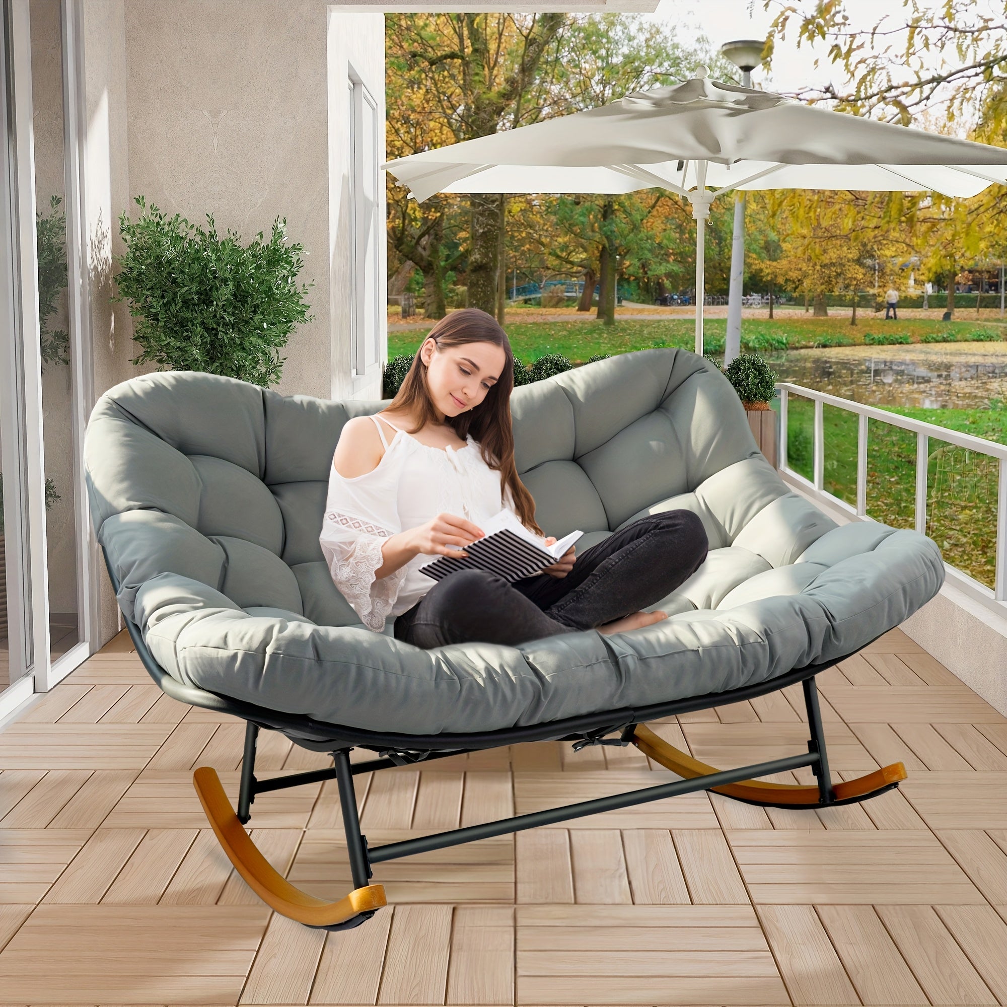 Outdoor Rocking Chair for Two, Featuring an Oversized Papasan Design with a Durable E-Coated Steel Frame And Plush Cushioning