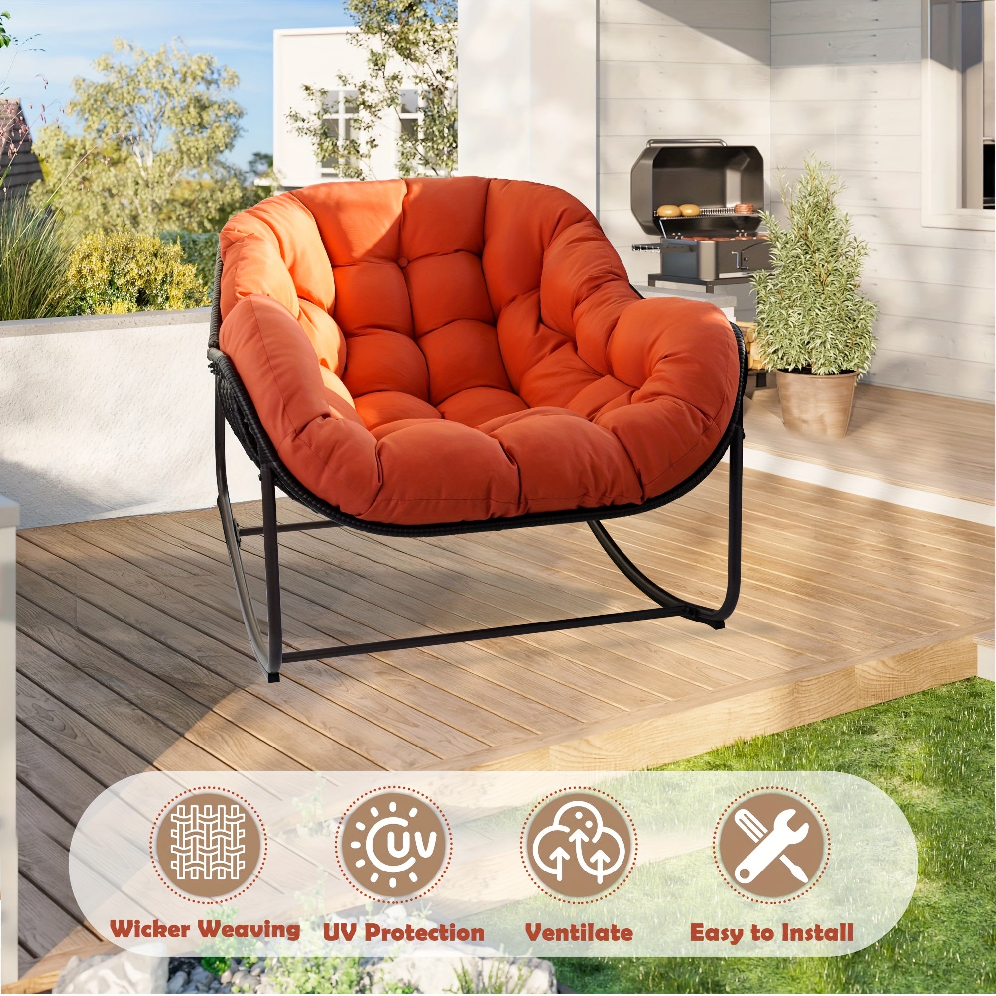 Outdoor Papasan Rocking Chair, Wicker Papasan Patio with Cushion And Pillow, Large Papasan Rocker Egg Chair for Garden And Patio