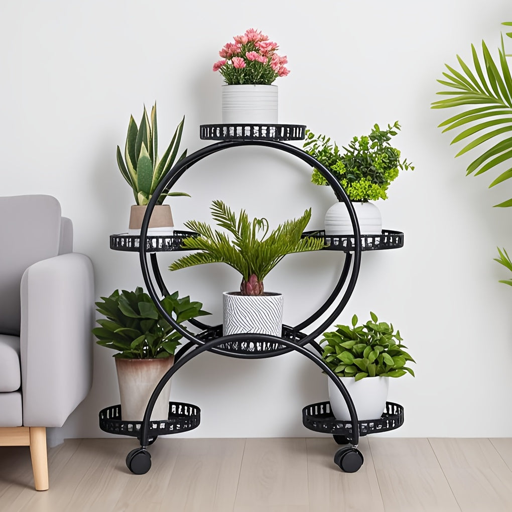 6 Potted Metal Plant Stand Garden Cart Wrought Iron Flower Pots Rack Holder Display Shelf with Wheels for Patio Porch Balcony Decoration Furniture for Home Free Shipping
