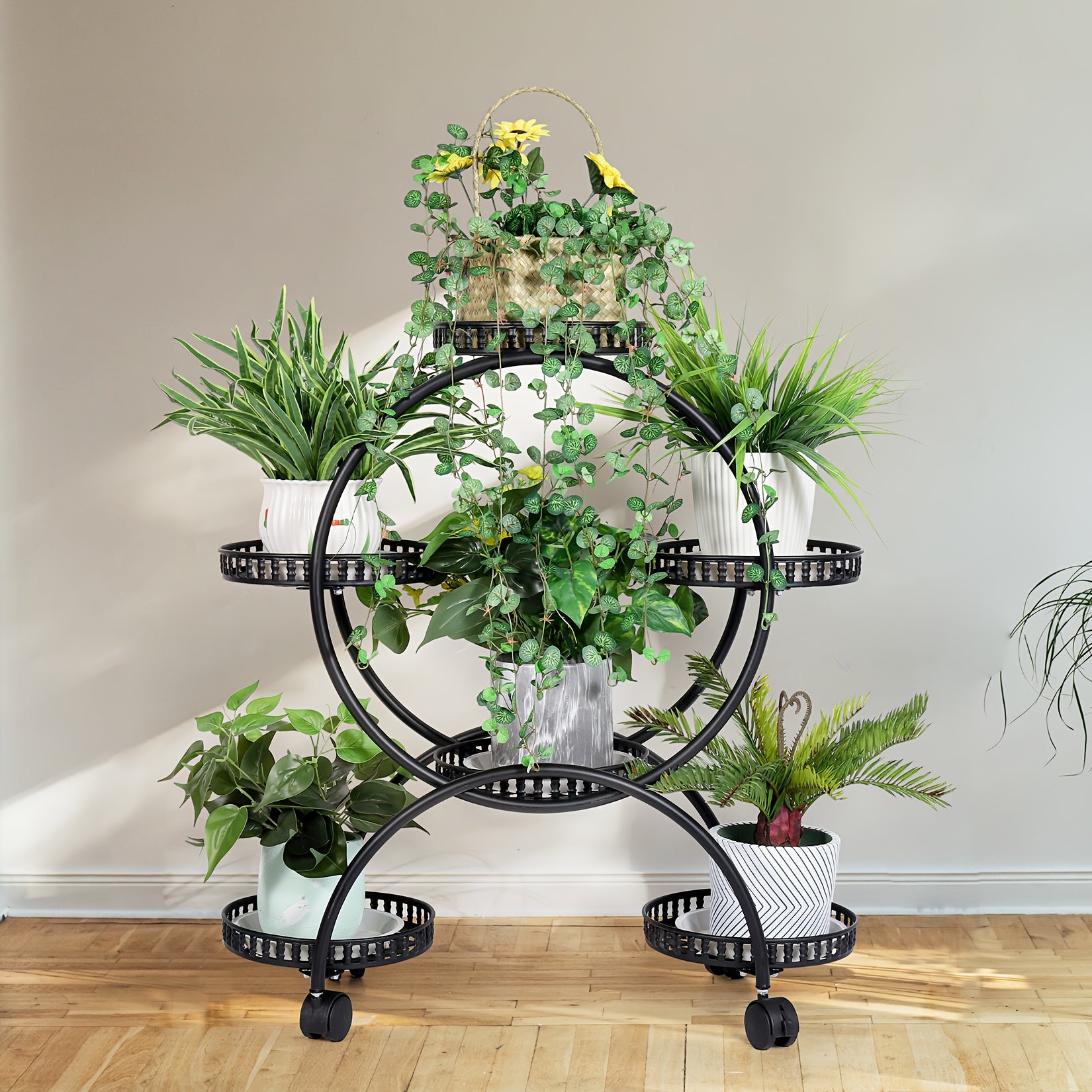6 Potted Metal Plant Stand Garden Cart Wrought Iron Flower Pots Rack Holder Display Shelf with Wheels for Patio Porch Balcony Decoration Furniture for Home Free Shipping