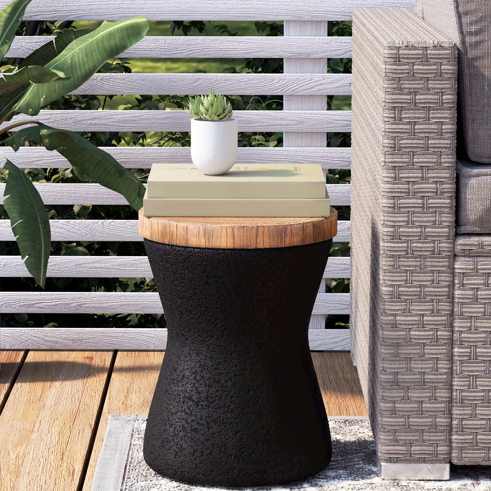 2pcs\u002F1pc Concrete Outdoor Side Tables with Wood Grain Texture Top - Round Cylinder Plant Stand, Living Room End Table, Patio Coffee Table for Garden, Porch, Balcony, Space-Saving & Stable, Best Choice for Patio Decor