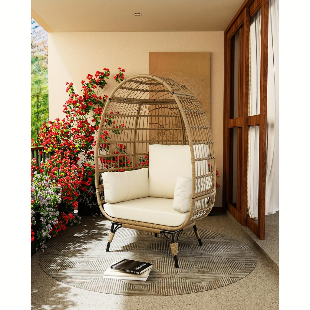 Oversized Rattan Egg Chair Indoor\u002FOutdoor Wicker Egg Basket Lounge Chair Egg Shaped Chair with Steel Frame And 4 Cushions for Patio, Porch, Backyard, Living Room, White\u002FBlack