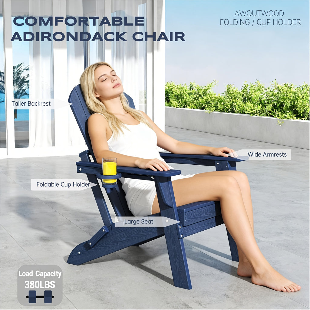 Folding Adirondack Chair 4 Pack, HDPE All-Weather Fire Pit Chairs, Plastic Adirondack Chairs with Cup Holder, Outdoor Lawn Chair for Patio Garden