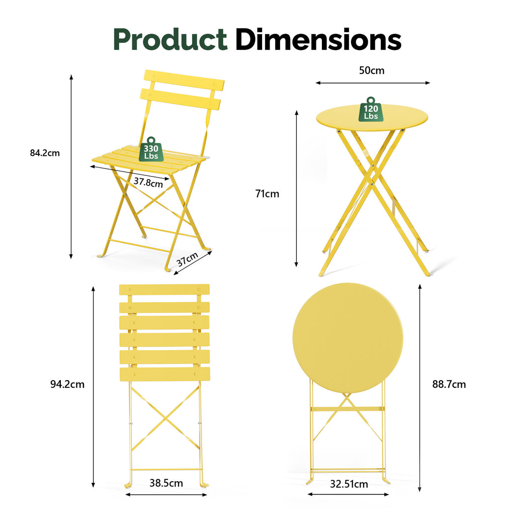 3-Piece Folding Bistro Set, Space-Saving Outdoor Patio Table and Chairs, Weather-Resistant Steel Furniture Set for Balcony Porch Garden, Black\u002FYellow\u002FGreen