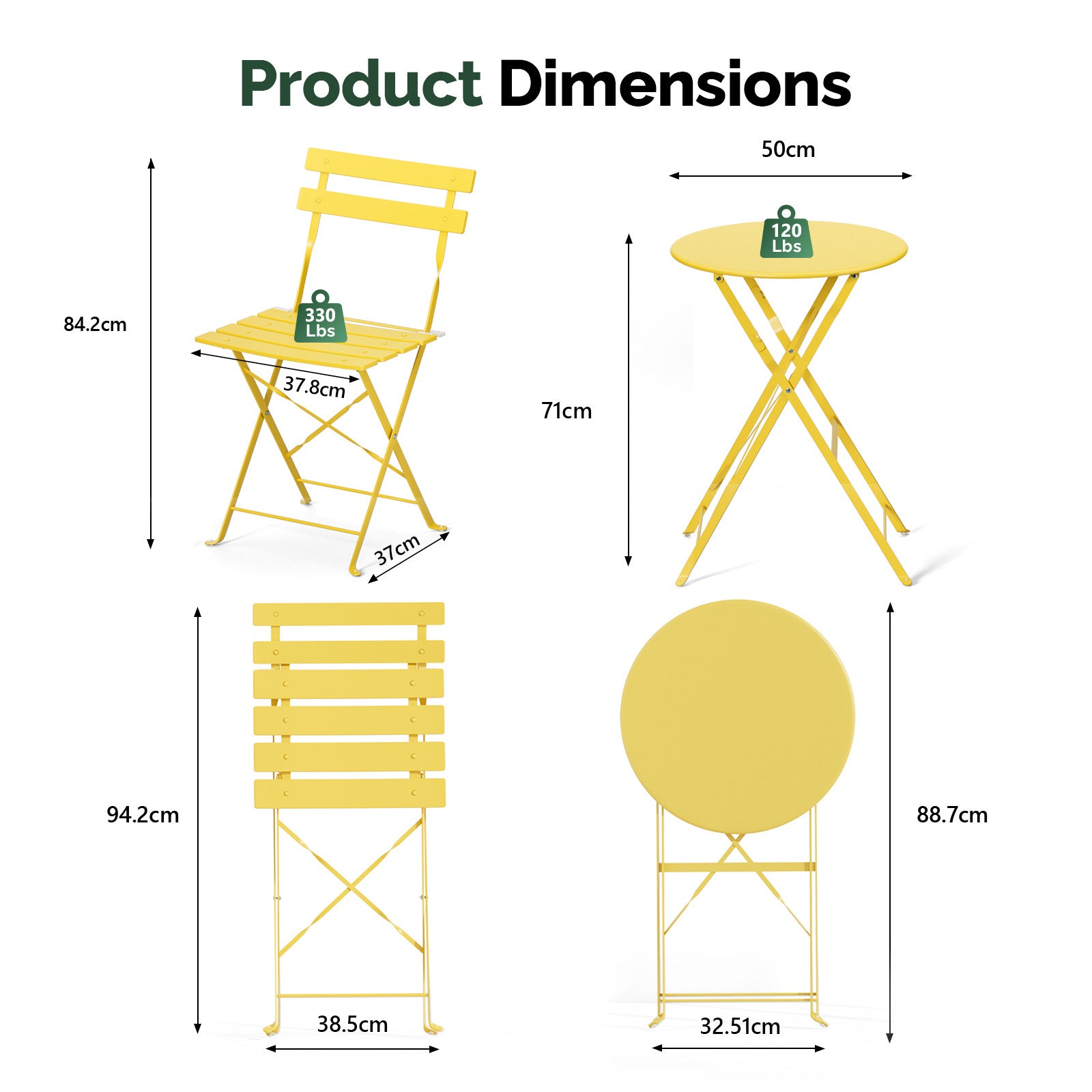 3-Piece Folding Bistro Set, Space-Saving Outdoor Patio Table and Chairs, Weather-Resistant Steel Furniture Set for Balcony Porch Garden, Black\u002FYellow\u002FGreen