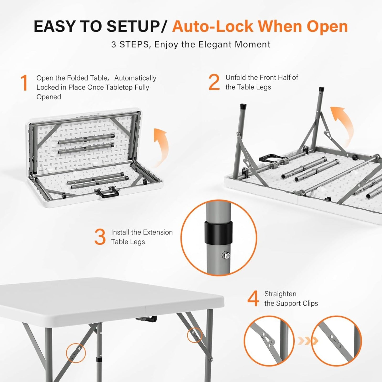 Bonnlo 34 Inch Folding Square Table Fold in Half Bi-Folding Commercial Plastic Dining Card Table Portable for Kitchen Outdoor Party Wedding Event Patio Garden Camping Picnic White\u002FBlack Foldable Dining Tables
