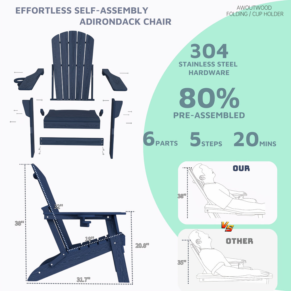 Folding Adirondack Chair 4 Pack, HDPE All-Weather Fire Pit Chairs, Plastic Adirondack Chairs with Cup Holder, Outdoor Lawn Chair for Patio Garden