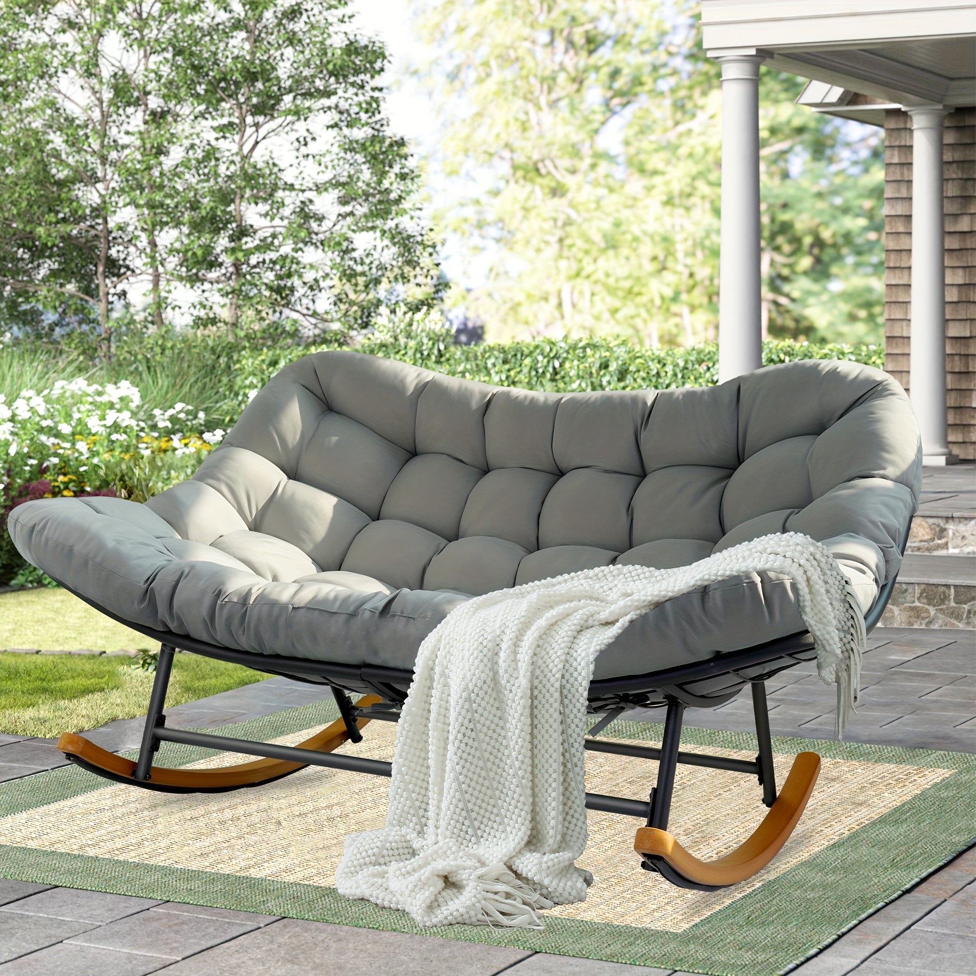 Outdoor Rocking Chair for Two, Featuring an Oversized Papasan Design with a Durable E-Coated Steel Frame And Plush Cushioning