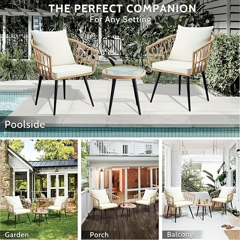 Three-Piece Bistro Furniture Set, Wicker Collection for Outdoor Spaces Like Balconies, Backyards, Pools, Porches, And Decks, Includes Rattan Conversation Table And Cushions in Tan-Beige