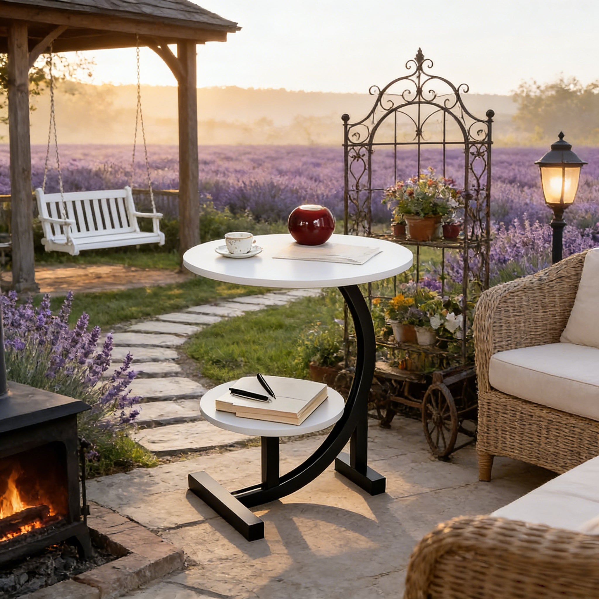 14 Inch Round Metal Solid Wood Arc Side Table | Modern Garden Side Table with Double Layer Storage Shelf - Durable Aluminum Alloy Frame, Polished Surface, Space-Saving Design, Sturdy Base for Terrace, Camping, Balcony or Outdoor Space