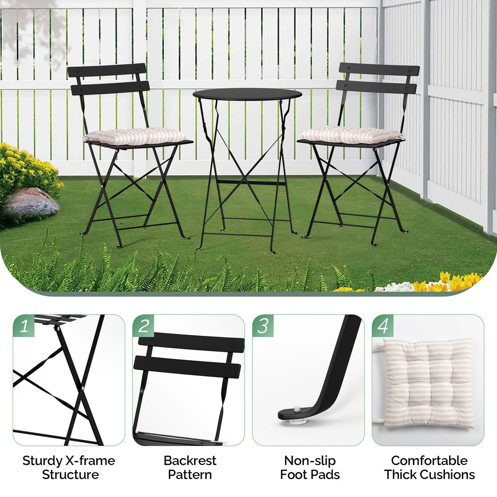3-Piece Folding Bistro Set, Space-Saving Outdoor Patio Table and Chairs, Weather-Resistant Steel Furniture Set for Balcony Porch Garden, Black\u002FYellow\u002FGreen