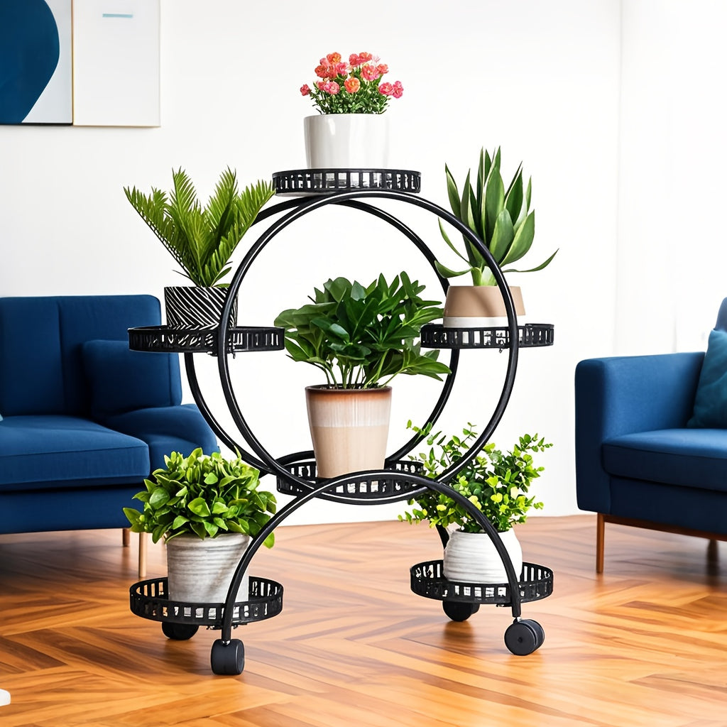 6 Potted Metal Plant Stand Garden Cart Wrought Iron Flower Pots Rack Holder Display Shelf with Wheels for Patio Porch Balcony Decoration Furniture for Home Free Shipping