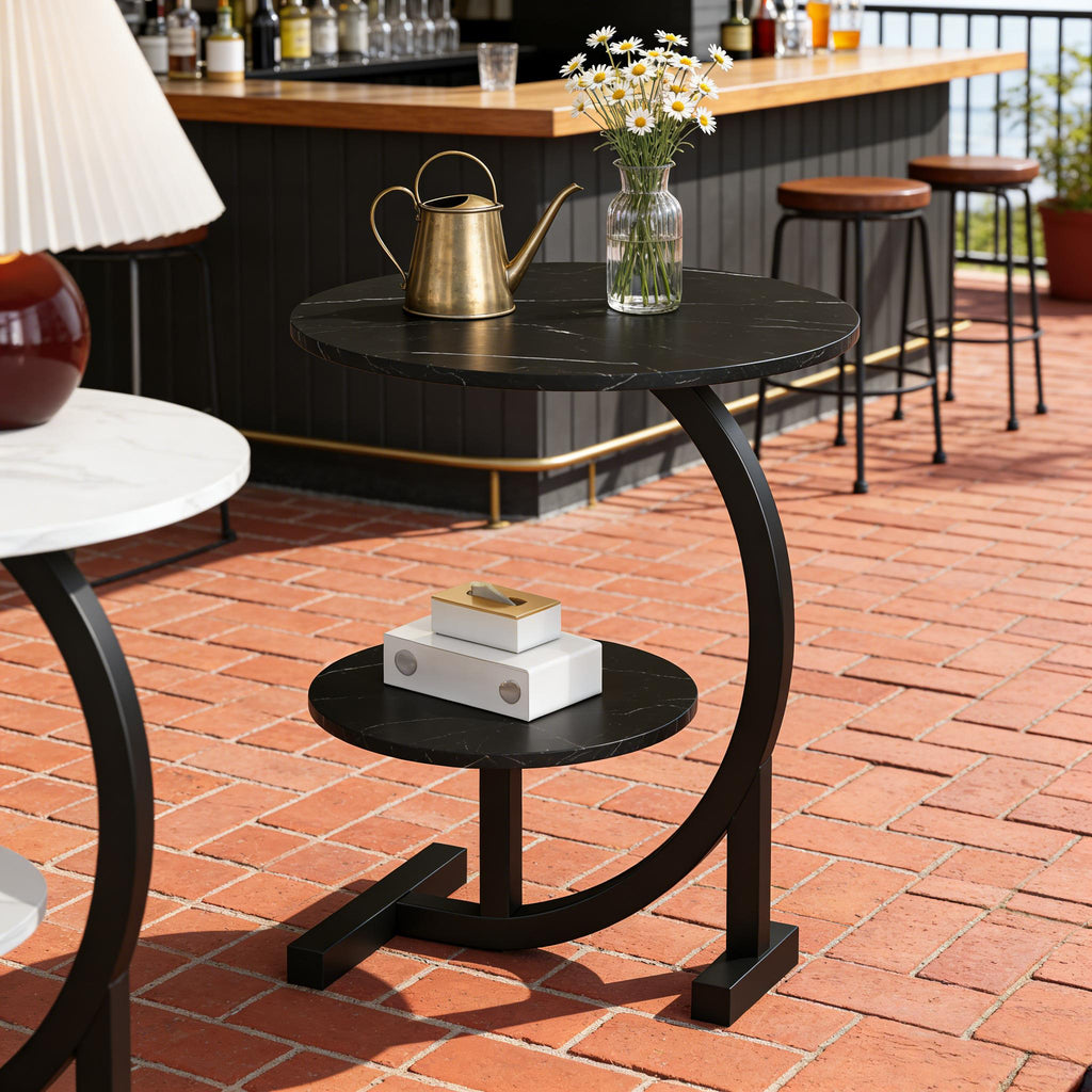 14 Inch Round Metal Solid Wood Arc Side Table | Modern Garden Side Table with Double Layer Storage Shelf - Durable Aluminum Alloy Frame, Polished Surface, Space-Saving Design, Sturdy Base for Terrace, Camping, Balcony or Outdoor Space