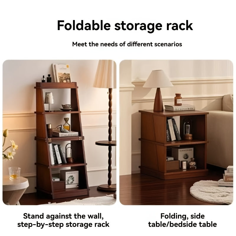 4-Tier Folding Ladder Shelf - Rustic Brown Solid Wood Multi-Purpose Storage Rack, Plant Stand, Bookshelf, And Planter Holder. Ideal For Homes, Bedrooms, Living Rooms, Balconies, And Courtyards. A Versatile Shelving Unit Crafted From Solid Wood.