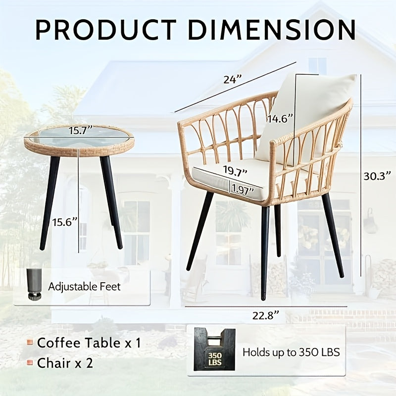 Three-Piece Bistro Furniture Set, Wicker Collection for Outdoor Spaces Like Balconies, Backyards, Pools, Porches, And Decks, Includes Rattan Conversation Table And Cushions in Tan-Beige
