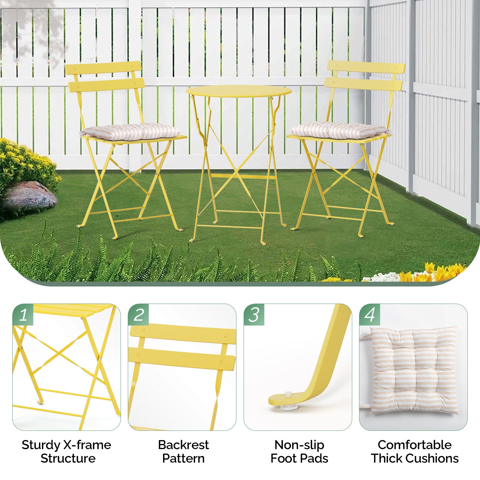 3-Piece Folding Bistro Set, Space-Saving Outdoor Patio Table and Chairs, Weather-Resistant Steel Furniture Set for Balcony Porch Garden, Black\u002FYellow\u002FGreen