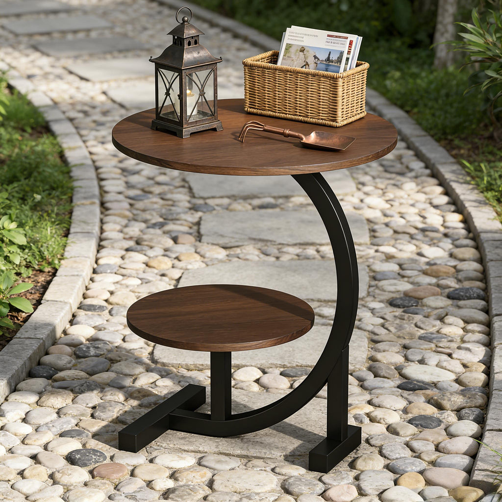 14 Inch Round Metal Solid Wood Arc Side Table | Modern Garden Side Table with Double Layer Storage Shelf - Durable Aluminum Alloy Frame, Polished Surface, Space-Saving Design, Sturdy Base for Terrace, Camping, Balcony or Outdoor Space