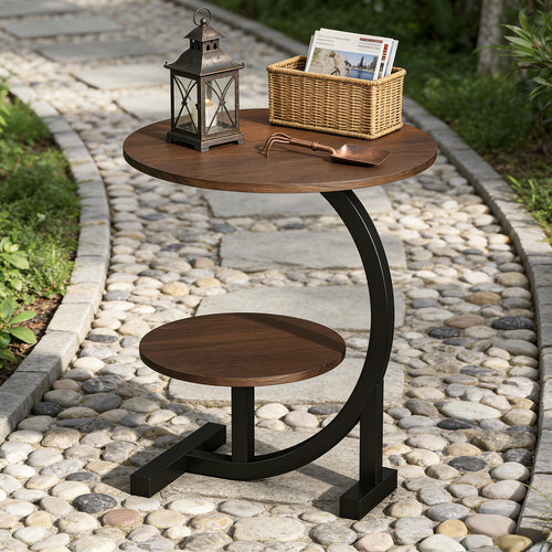 14 Inch Round Metal Solid Wood Arc Side Table | Modern Garden Side Table with Double Layer Storage Shelf - Durable Aluminum Alloy Frame, Polished Surface, Space-Saving Design, Sturdy Base for Terrace, Camping, Balcony or Outdoor Space