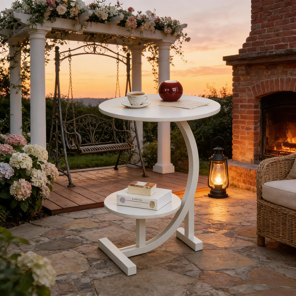 14 Inch Round Metal Solid Wood Arc Side Table | Modern Garden Side Table with Double Layer Storage Shelf - Durable Aluminum Alloy Frame, Polished Surface, Space-Saving Design, Sturdy Base for Terrace, Camping, Balcony or Outdoor Space