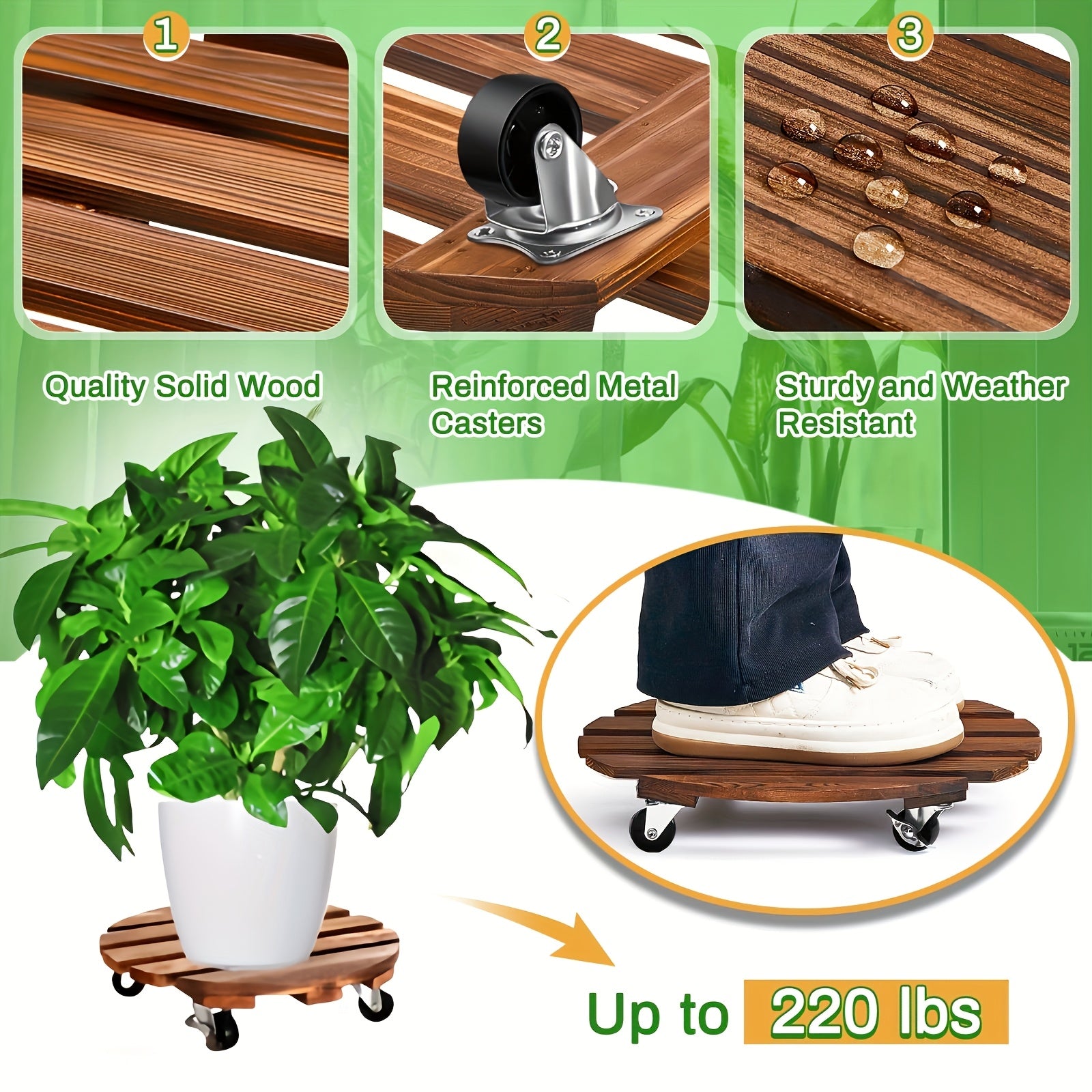 2pcs Wooden Plant Stand with Locking Wheels - Suitable for Indoor\u002FOutdoor Heavy-Duty Rolling Plant Stand, Perfect for Large Potted Plants