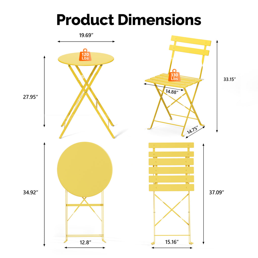 3-Piece Folding Bistro Set, Space-Saving Outdoor Patio Table and Chairs, Weather-Resistant Steel Furniture Set for Balcony Porch Garden, Black\u002FYellow\u002FGreen