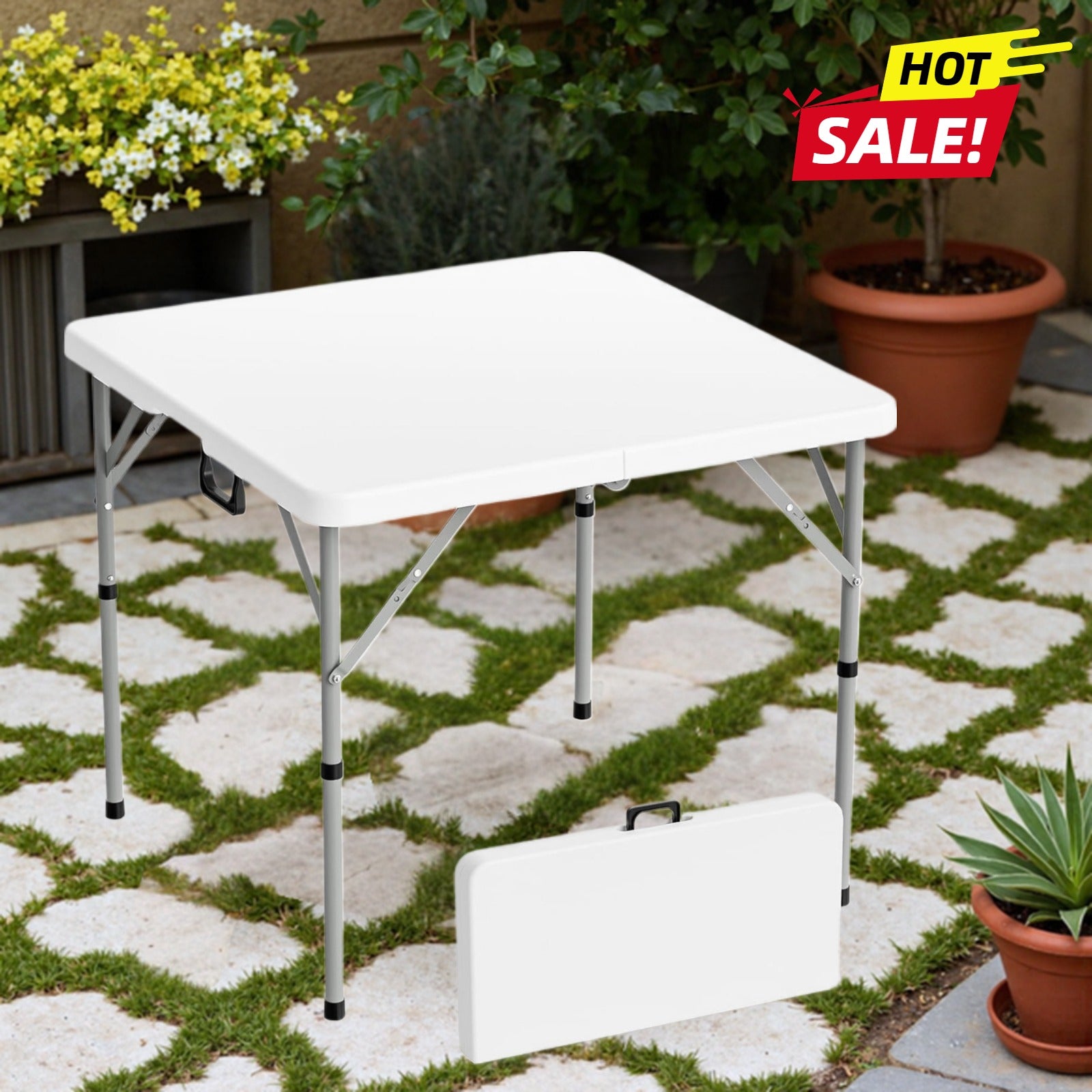 Bonnlo 34 Inch Folding Square Table Fold in Half Bi-Folding Commercial Plastic Dining Card Table Portable for Kitchen Outdoor Party Wedding Event Patio Garden Camping Picnic White\u002FBlack Foldable Dining Tables