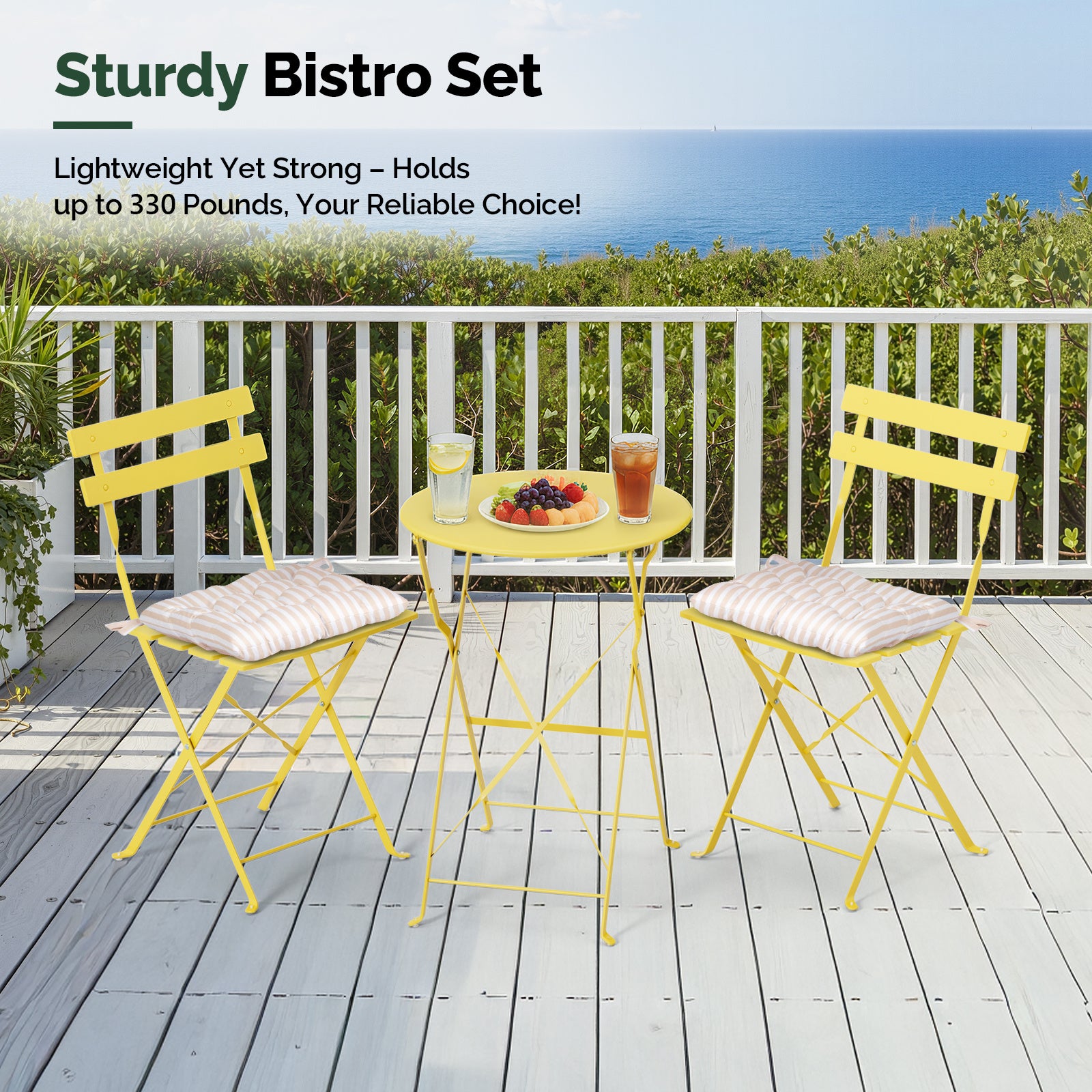 3-Piece Folding Bistro Set, Space-Saving Outdoor Patio Table and Chairs, Weather-Resistant Steel Furniture Set for Balcony Porch Garden, Black\u002FYellow\u002FGreen