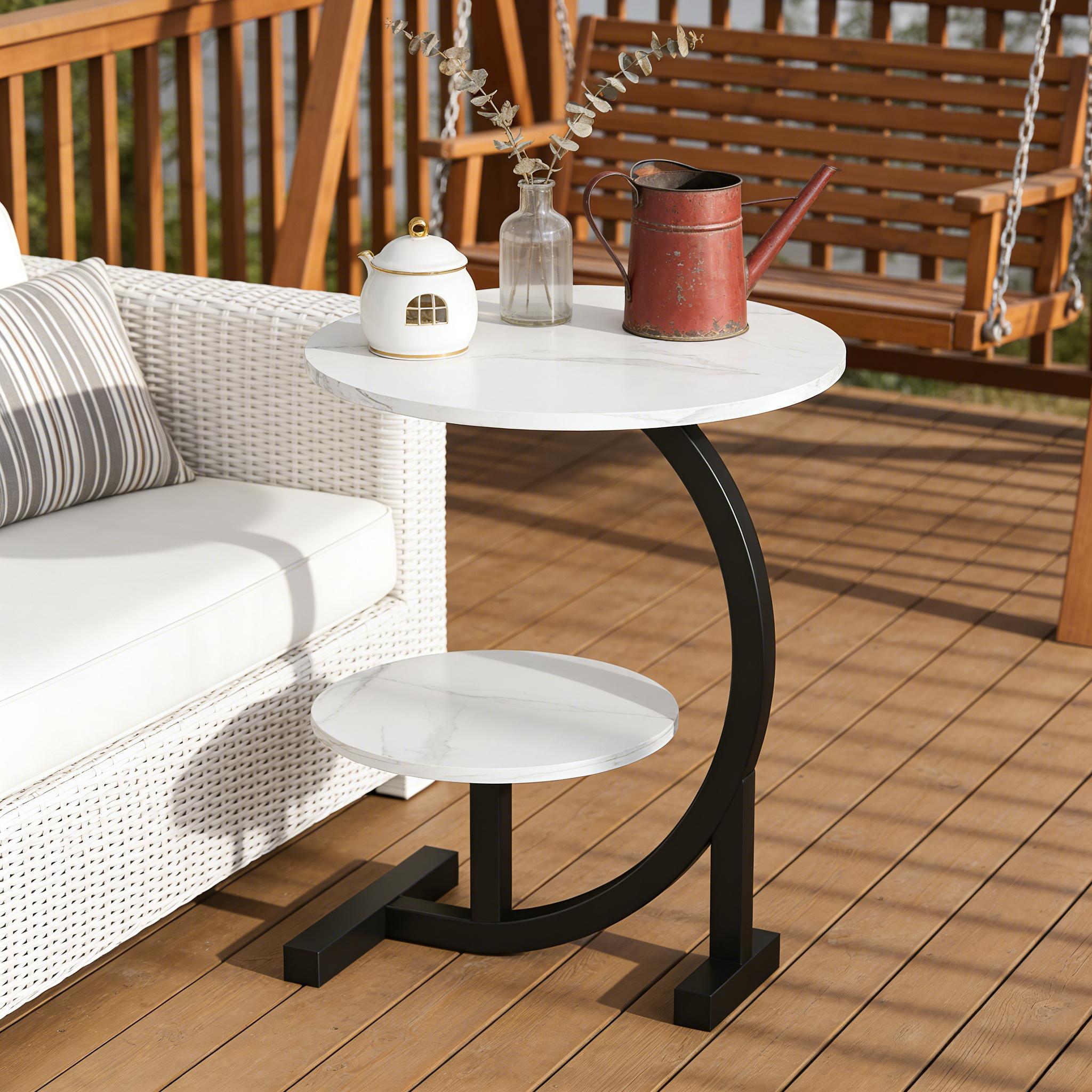 14 Inch Round Metal Solid Wood Arc Side Table | Modern Garden Side Table with Double Layer Storage Shelf - Durable Aluminum Alloy Frame, Polished Surface, Space-Saving Design, Sturdy Base for Terrace, Camping, Balcony or Outdoor Space