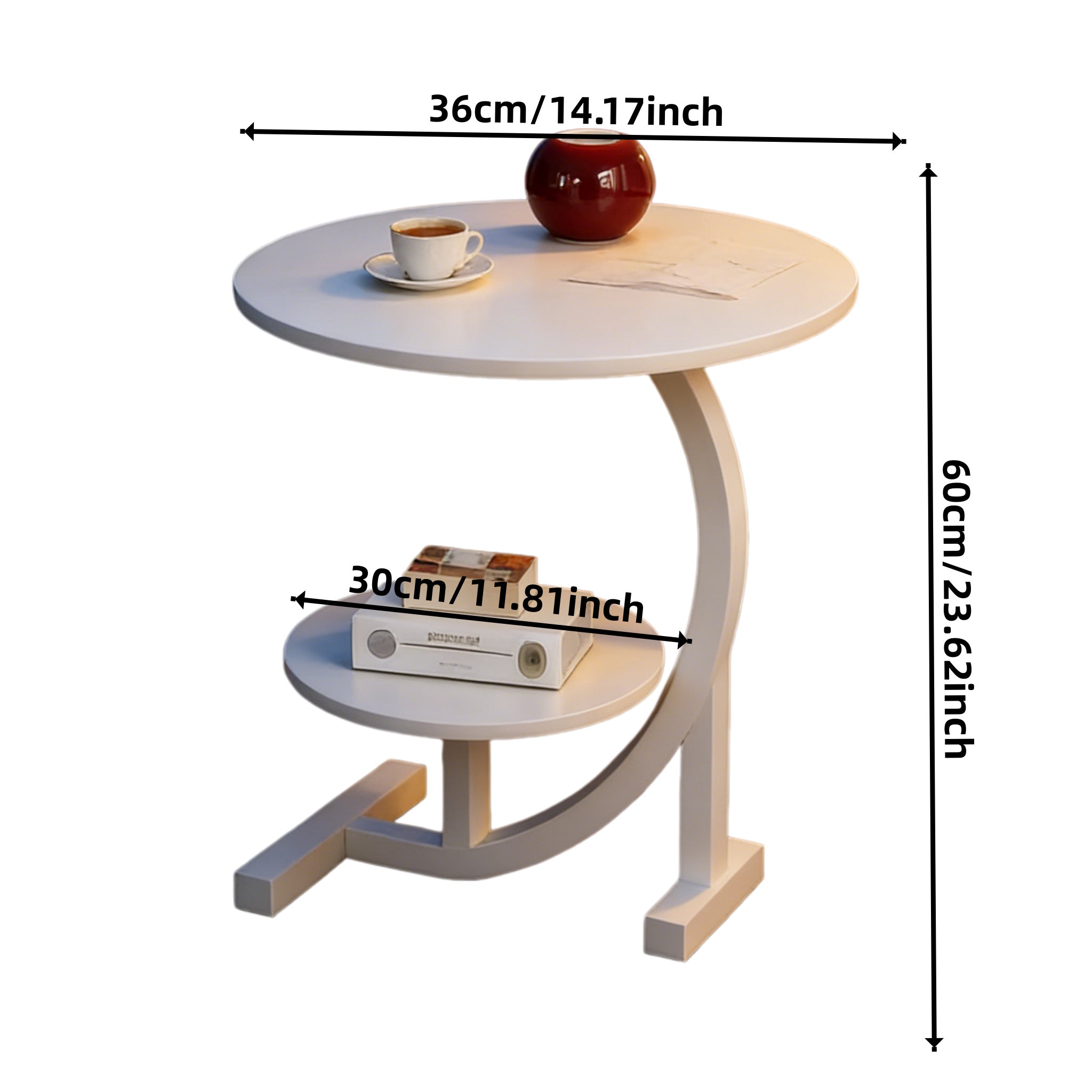 14 Inch Round Metal Solid Wood Arc Side Table | Modern Garden Side Table with Double Layer Storage Shelf - Durable Aluminum Alloy Frame, Polished Surface, Space-Saving Design, Sturdy Base for Terrace, Camping, Balcony or Outdoor Space