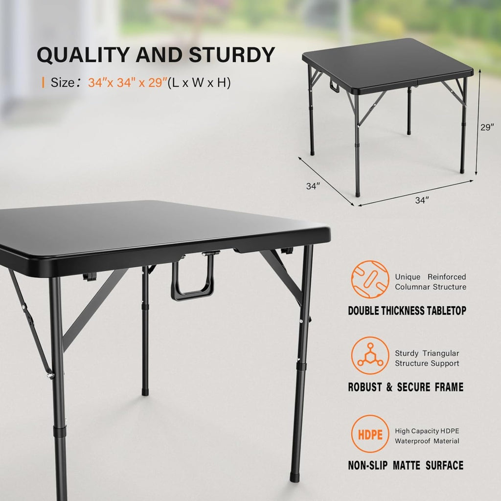 Bonnlo 34 Inch Folding Square Table Fold in Half Bi-Folding Commercial Plastic Dining Card Table Portable for Kitchen Outdoor Party Wedding Event Patio Garden Camping Picnic White\u002FBlack Foldable Dining Tables