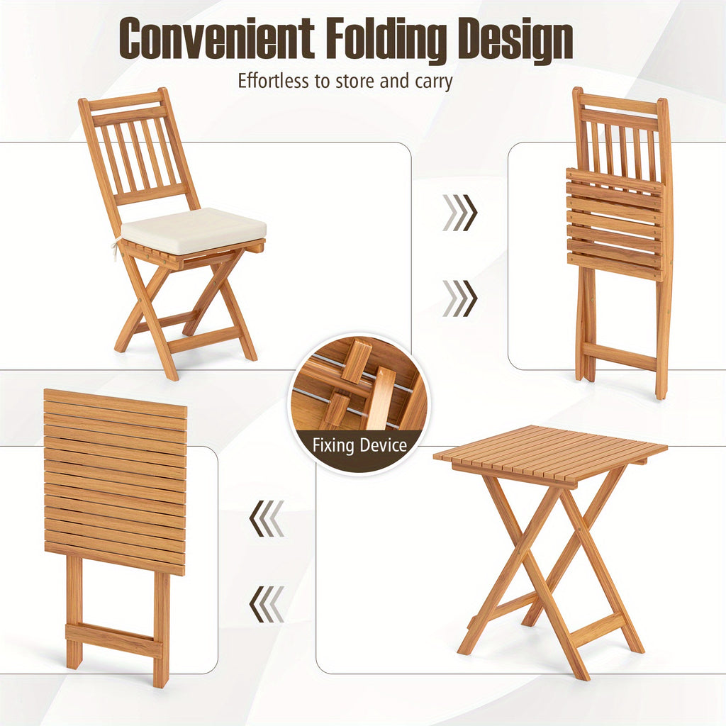 COSTWAY Outdoor Wooden Bistro Set, Folding Chair And Table Set with Comfortable Seat Cushions, Acacia Wood High Back Armless Chairs with Table, Patio Dining Set with Cushions for Backyard And Poolside.