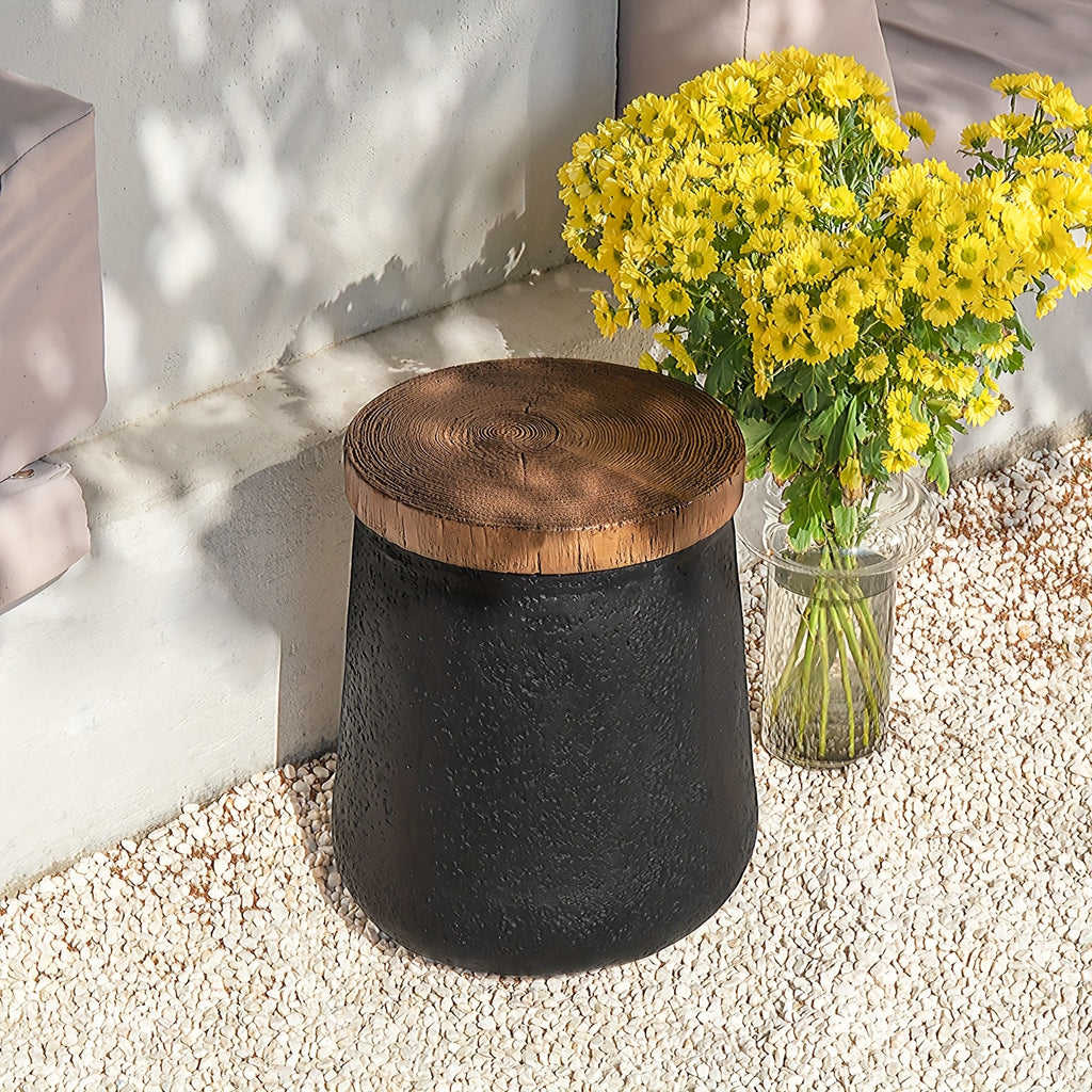 2pcs\u002F1pc Concrete Outdoor Side Tables with Wood Grain Texture Top - Round Cylinder Plant Stand, Living Room End Table, Patio Coffee Table for Garden, Porch, Balcony, Space-Saving & Stable, Best Choice for Patio Decor