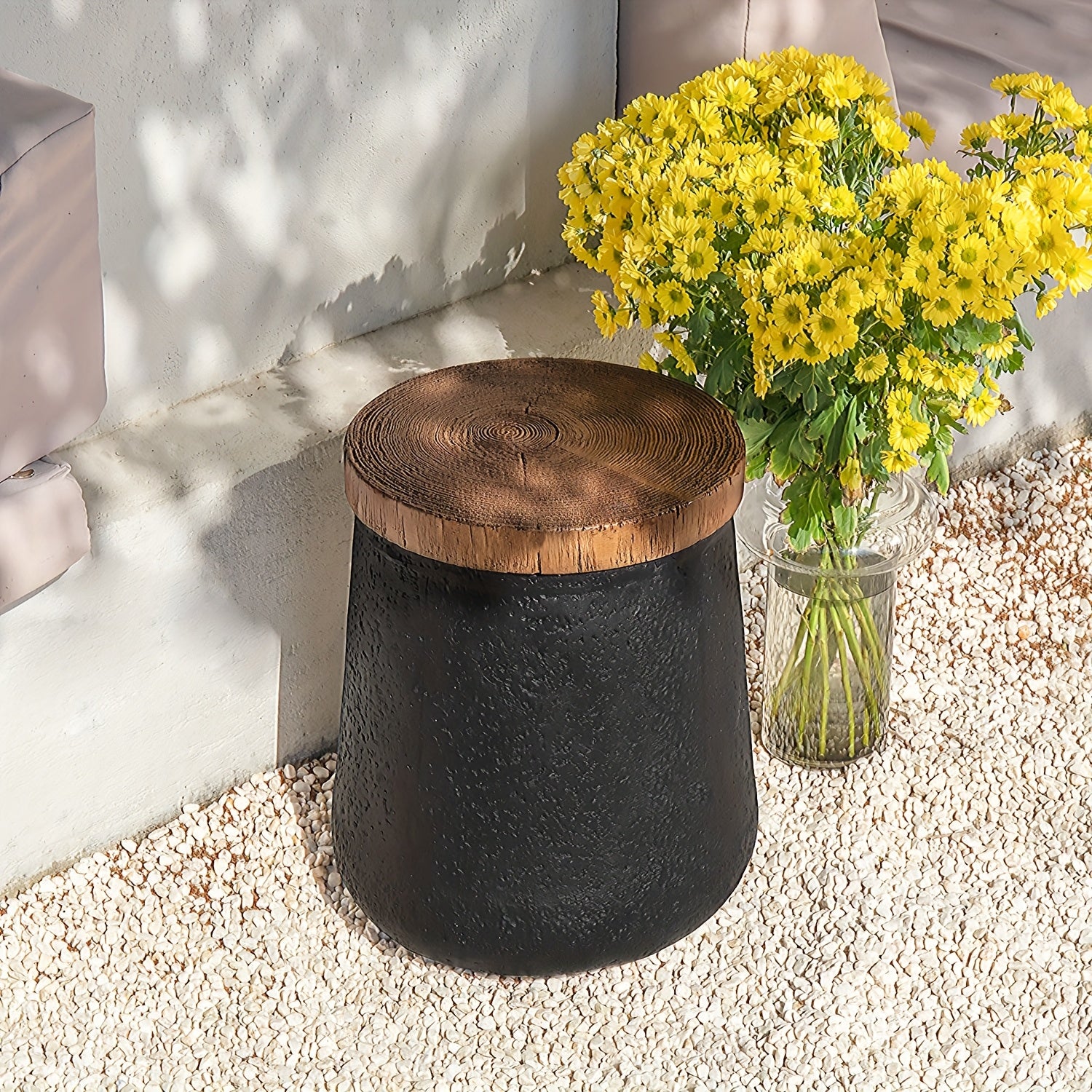 2pcs\u002F1pc Concrete Outdoor Side Tables with Wood Grain Texture Top - Round Cylinder Plant Stand, Living Room End Table, Patio Coffee Table for Garden, Porch, Balcony, Space-Saving & Stable, Best Choice for Patio Decor